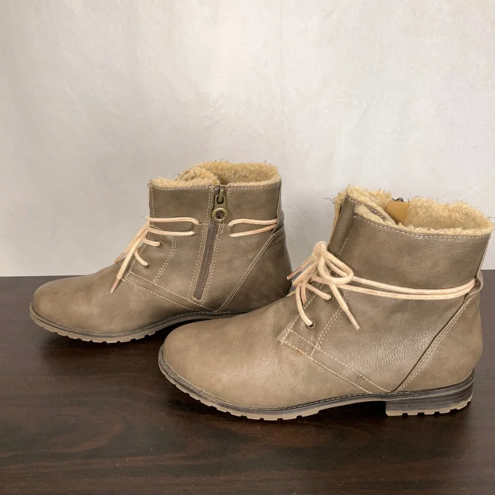 Sporto Ankle Boots Women 9 Olive Green Faux Shearling Lined Lace Up Zip Casual